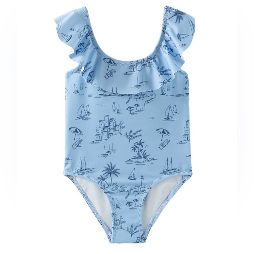 Zara Blue Beach Print Ruffle Kids Swimsuit